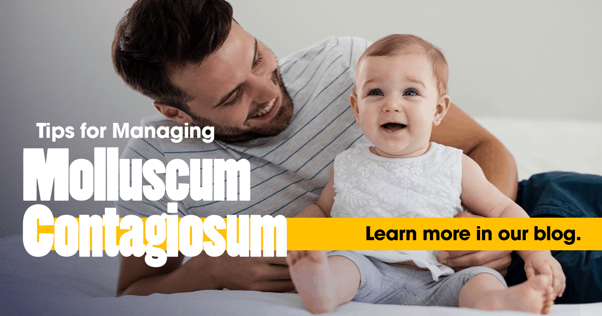 Tips for managing molluscum contagiosum, blog, father seated with toddler in front of him, clinical research