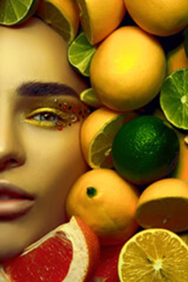 Woman with face next to various citrus fruits