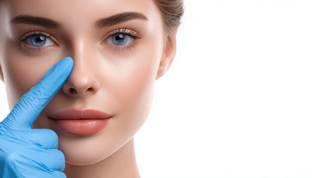 doctor in gloves examining woman nose before rhinoplasty surgery