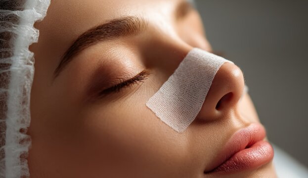young woman with bandage on nose after rhinoplasty surgery recovery